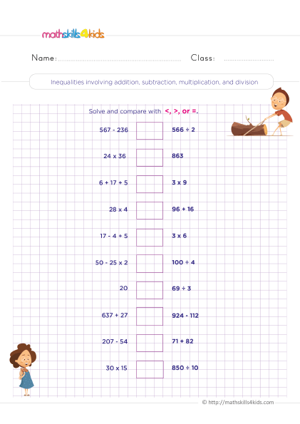 Free printable mixed operations worksheets for Grade 4 - Inequalities involving all 4 operations