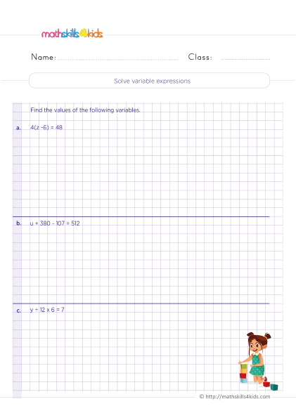 Ace 4th Grade Algebra with Confidence: Explore Expressions and Variables Worksheets Pdf - Solve variable expressions