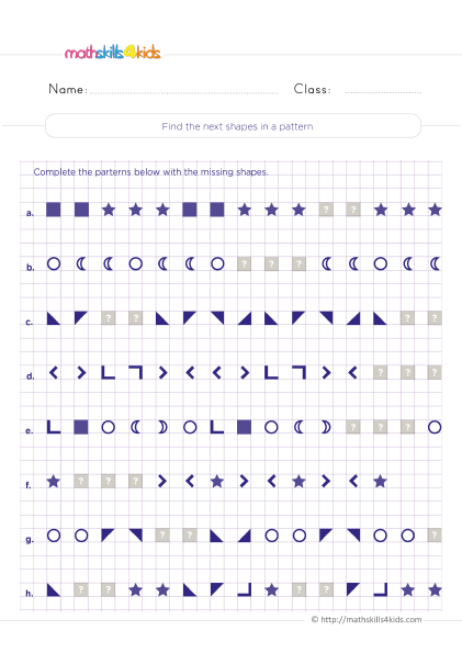 4th Grade patterns and sequences worksheets with answers - Interpret and find the next shapes in a pattern