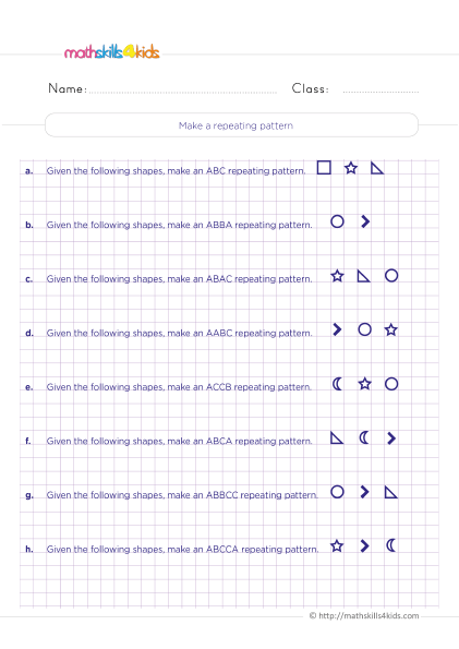 Printable patterns and sequences worksheets for Grade 4: Download now - How do you make a repeating pattern with shapes?