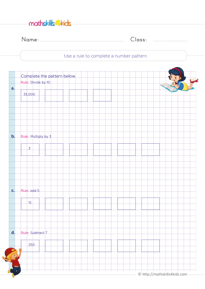 Printable patterns and sequences worksheets for Grade 4: Download now - Using a rule to complete a number pattern