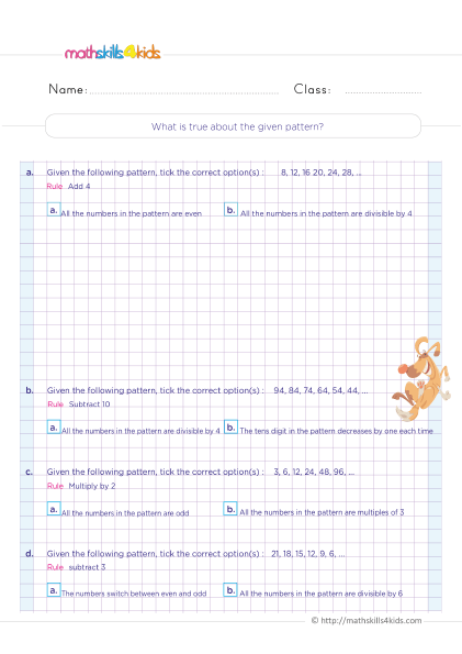 4th Grade patterns and sequences worksheets with answers - Finding out what is true about a given pattern