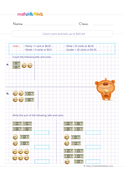 Money Worksheets Grade 4 Pdf with answers - Understanding how to count coins and bills up to $20