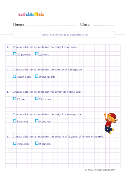 Measurement Worksheets Grade 4 with answers - Which customary unit is appropraite