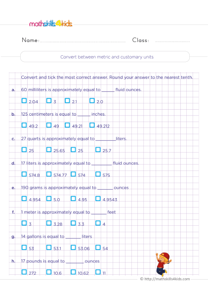 Math Properties Worksheets PDF for Grade 4 with answers - Converting between metric and customary units