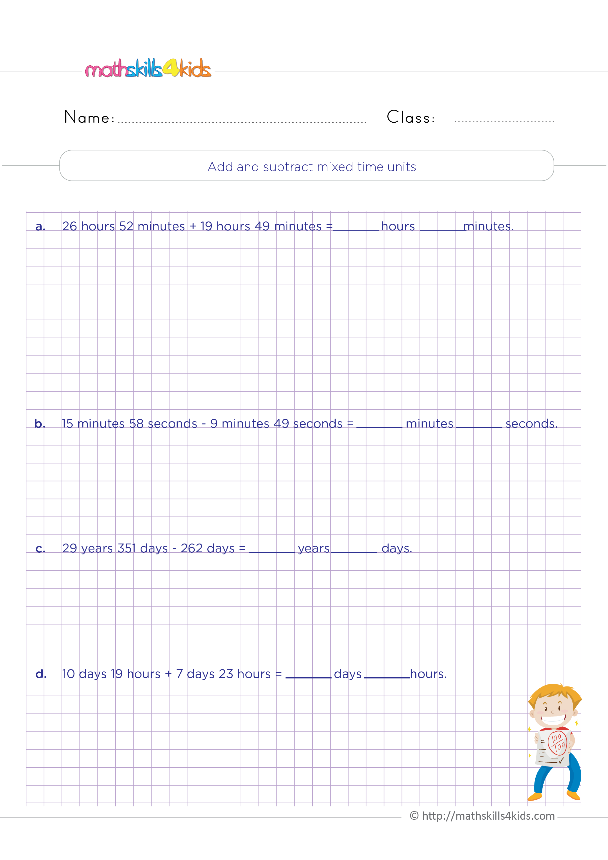 Boosting Time-telling Skills: Grade 4 Worksheets to Download and Print - Add and substract mixed time units