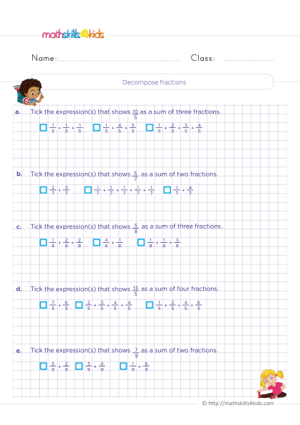 Grade 4 adding and subtracting like fractions worksheets - How do you write fraction as a sum of fractions