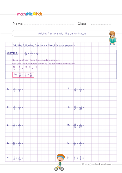 Grade 4 adding and subtracting like fractions worksheets - Addition of fractions with like denominators