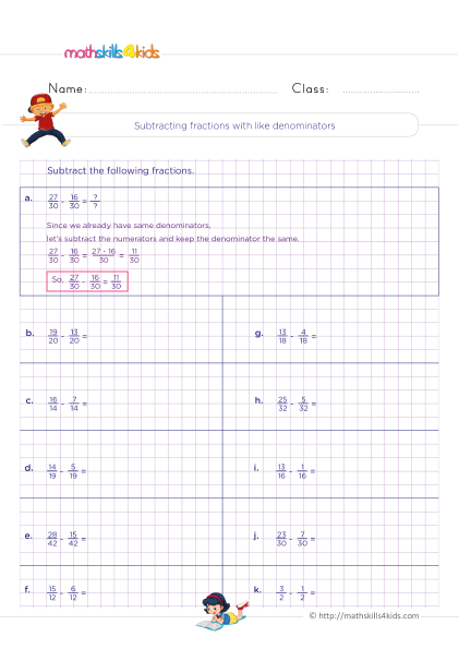 Grade 4 adding and subtracting like fractions worksheets - Subtraction of fractions with like denominators