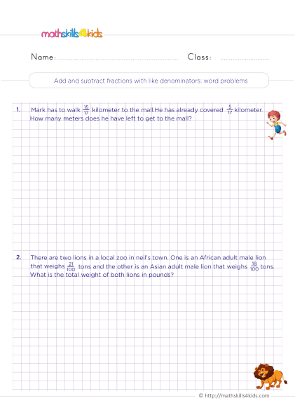 Grade 4 adding and subtracting like fractions worksheets - Solving fractions with like denominators word problems