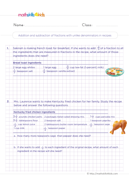 Adding ans subtracting unlike fractions in recipes