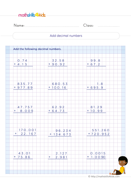 Grade 4 Adding and subtracting decimals worksheets - Addition of decimal numbers