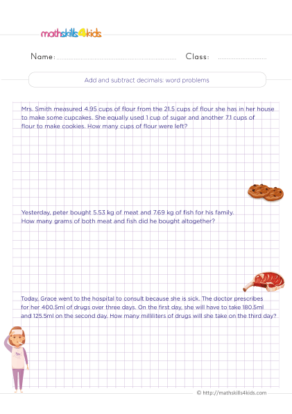 Grade 4 Adding and subtracting decimals worksheets - Add and subtract decimals word problems