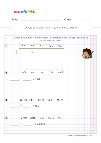 Grade 4 Adding and subtracting decimals worksheets - Decimals with a particular sum or difference