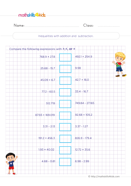 Grade 4 Adding and subtracting decimals worksheets - Inequalities with addition and subtraction of decimals