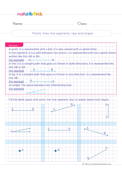 Grade 4 Math: Exploring 2D Shapes with Printable Worksheets - What are points, lines, line segments, rays and angles