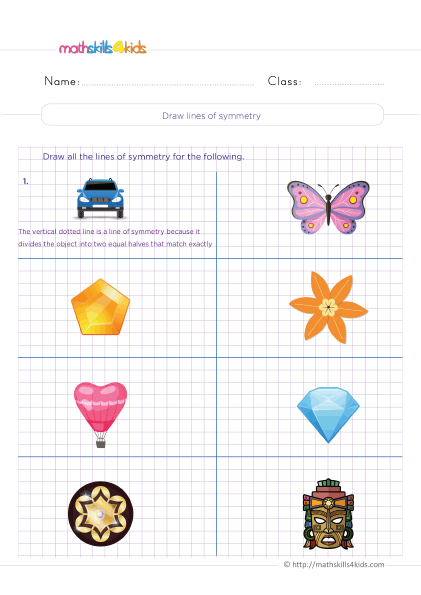 From lines to reflections: Exploring symmetry in 4th Grade worksheets - Drawing lines of sysmmetry