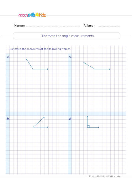 4th Grade math worksheets Pdf: Identifying & Measuring Angles - Estimate angle measurements