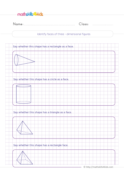 Mastering 3D shapes: Faces, edges, and vertices worksheets for 4th Grade - Identifying faces of three dimentional figures