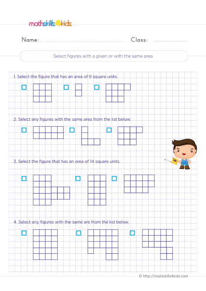 Select figures with a given area worksheet 3rd Grade