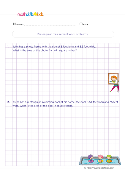 Grade 4 measurement worksheets: Area, perimeter, and volume - Rectangular measurement word problems