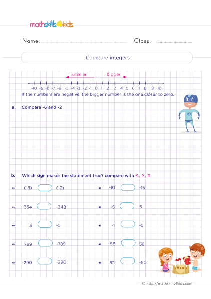 5th-grade number sense and place value worksheets: Free download - Comparing integers - Which sign makes the statement true