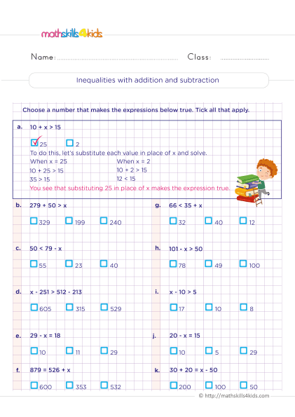 5th Grade Math worksheets with answers - Adding and subtracting inequalities - How do you solve inequalities with addition and subtraction?