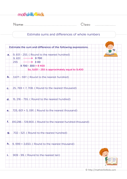 5th Grade Math worksheets with answers - How do you estimate the sum and difference of whole numbers?