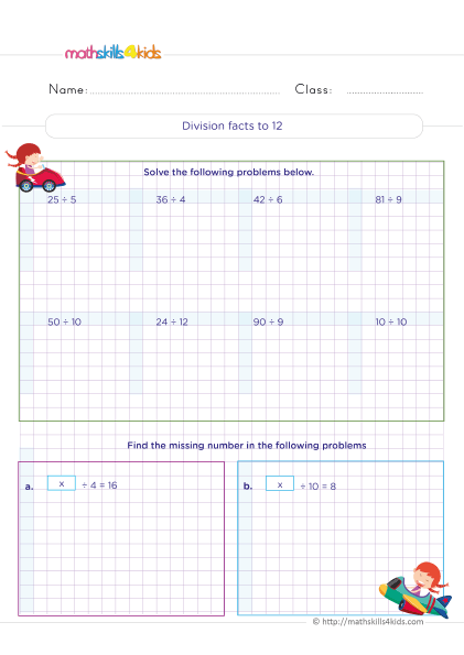 Grade 5 division worksheets: Free & printable - division facts up to 12 - Division facts to 12 practice