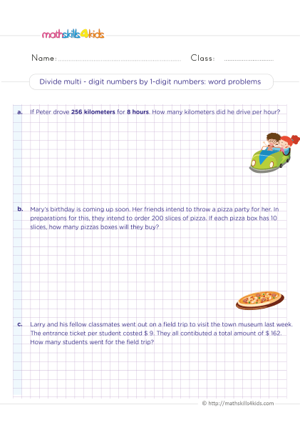 Grade 5 division worksheets: Free & printable - Dividing multi-digit numbers by 1-digit numbers word problems