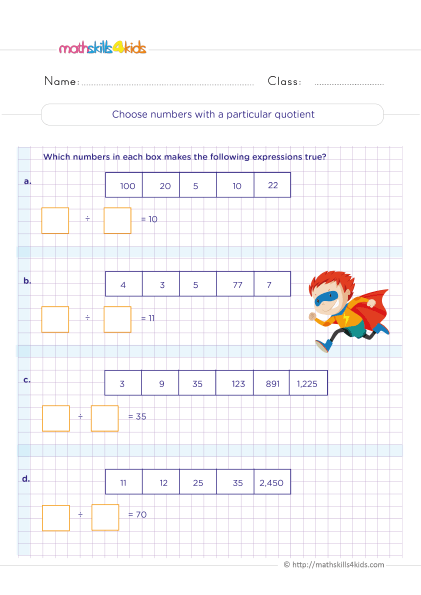 How t0 choose numbers with a particular quotient - complete the division sentence