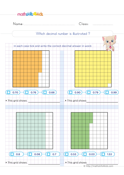 Printable decimal worksheets for Grade 5 with answers - What decimal number is illustrated? - Finding decimals Models practice