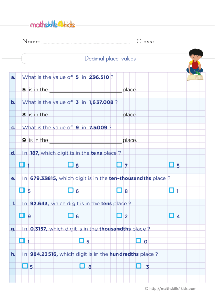 5th Grade Math worksheets with answers - Decimal place values practice - how to find the place value of a digit