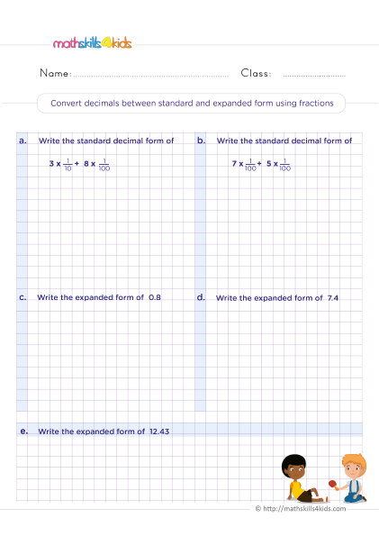 Printable decimal worksheets for Grade 5 with answers - How to Convert decimals between standard and expanded form using fractions