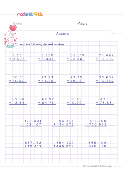 5th Grade Math worksheets with answers - Subtraction of decimals practice - How to subtract decimal number