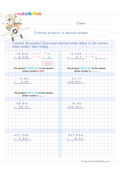 5th Grade Math worksheets with answers - Estimating decimal products - How to estimate decimals when multiplying