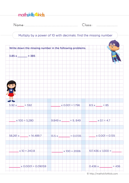 Printable Grade 5 math worksheets with answers: Multiplying decimal - Multiplying a power of ten with decimals - Finding the missing number