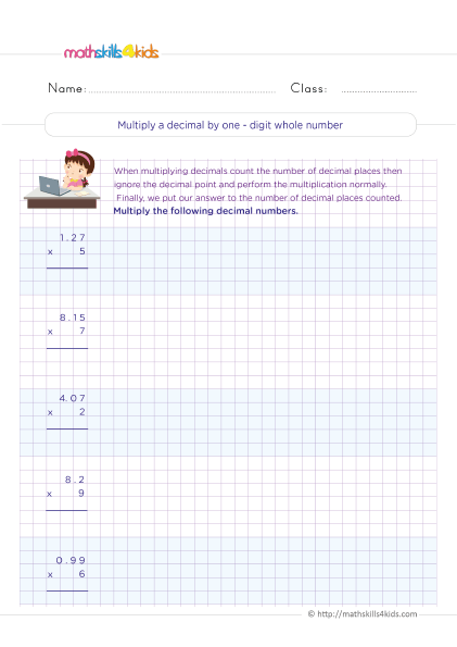 Printable Grade 5 math worksheets with answers: Multiplying decimal - Estimating decimal products - How to estimate decimals when multiplying