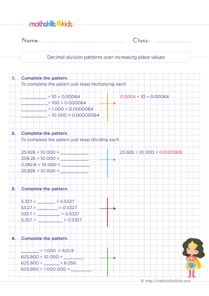 5th Grade Math worksheets with answers - Solving decimal division patterns over increasing place values