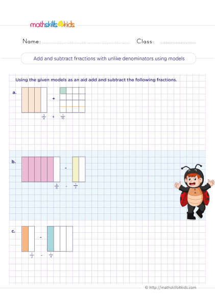 Adding and subtracting fractions worksheets for Grade 5 - adding and subtracting mixed numbers with unlike denominators