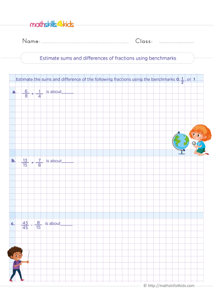 Adding and subtracting fractions worksheets for Grade 5 - Estimating sums and differences of fractions using benchmarks