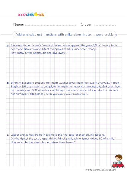 Adding and subtracting fractions worksheets for Grade 5 - Add and subtract fractions with unlike denominators word problems