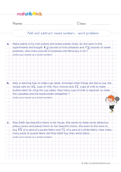 Adding and subtracting fractions worksheets for Grade 5 - Adding and subtracting mixed numbers word problems