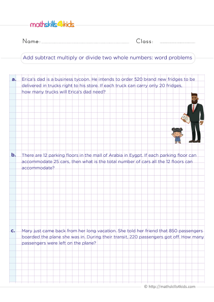 Fifth-Grade Math Worksheets with Answers Pdf - Add subtract multiply divide two whole numbers word problems