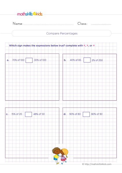 5th Grade Math worksheets with answers - percentage difference between two percentages