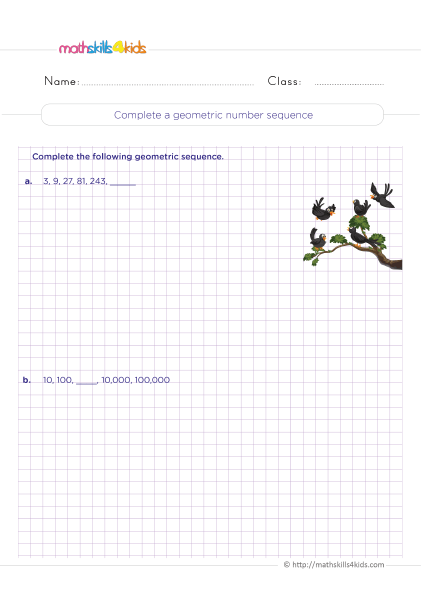 Grade 5 math fun & engaging number patterns and sequences worksheets - Completing a geometric number sequence