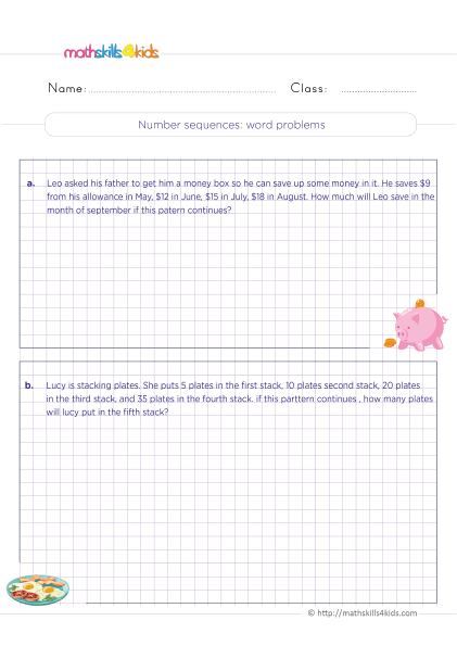 Grade 5 math fun & engaging number patterns and sequences worksheets - Sequence and series problems and solutions