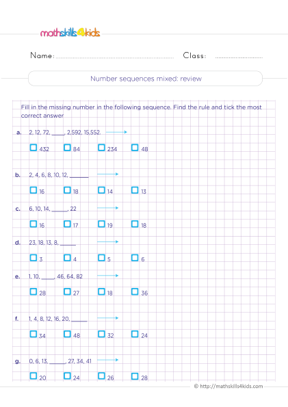 Grade 5 math fun & engaging number patterns and sequences worksheets - Number sequences mixed review