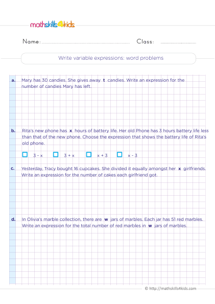 Grade 5 algebraic expressions up to 2 variables worksheets - Writing variable expressions word problems