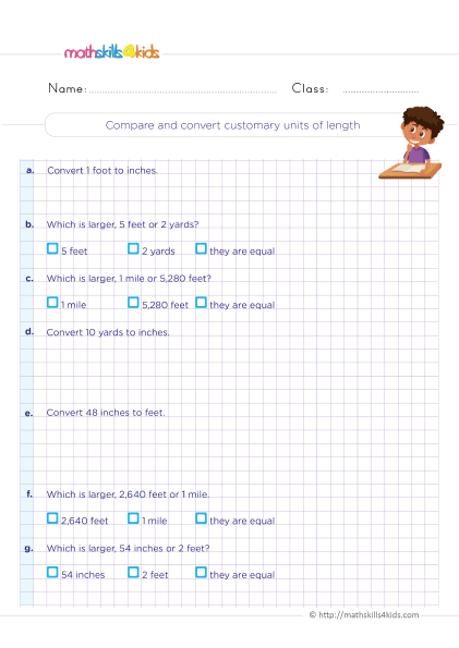 Grade 5 measurement worksheets: Customary and metric conversion - Comparing and converting customary units of length